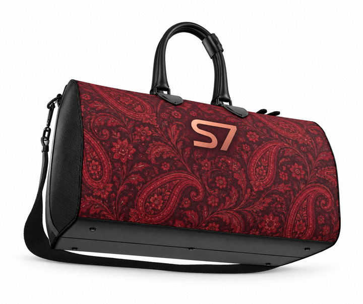 S7 Paisley Rouge burgundy duffle bag with centered rose-gold S7 monogram