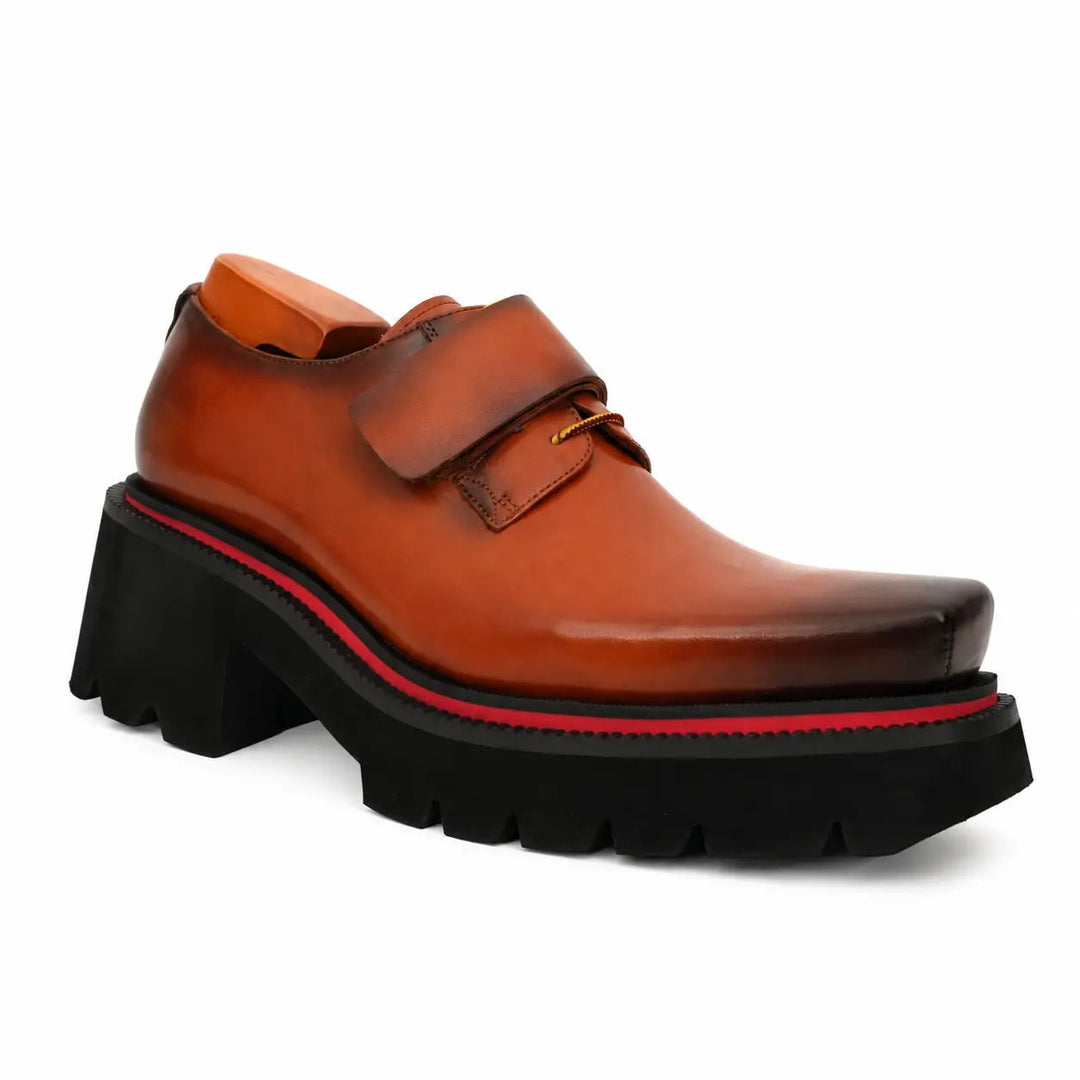 Orange-Brown Square-Toe Cow Leather Derby Shoes