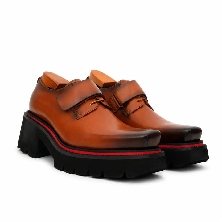 Orange-Brown Square-Toe Cow Leather Derby Shoes