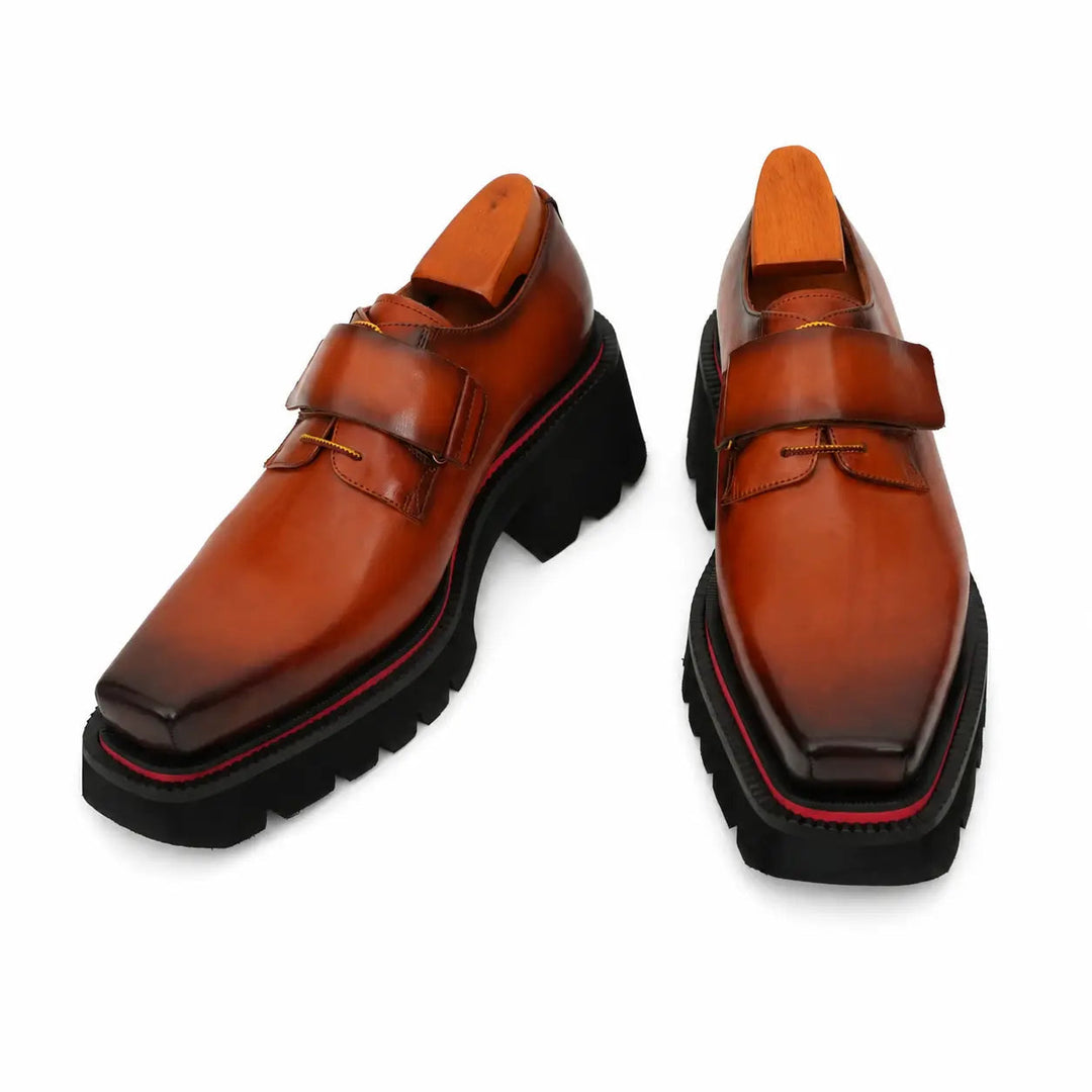 Orange-Brown Square-Toe Cow Leather Derby Shoes