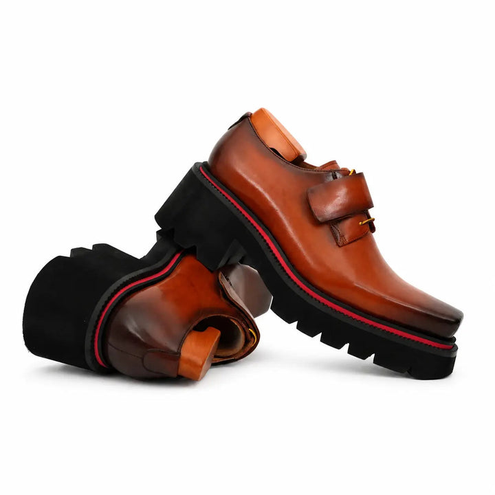 Orange-Brown Square-Toe Cow Leather Derby Shoes