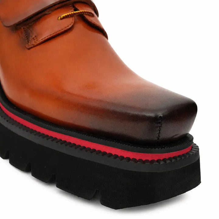 Orange-Brown Square-Toe Cow Leather Derby Shoes