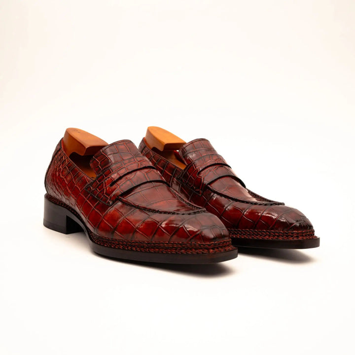 Red Apron-Toe Crocodile Leather Loafers