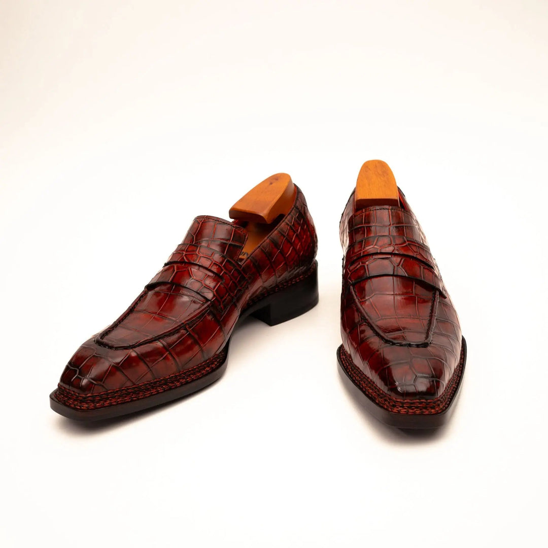 Red Apron-Toe Crocodile Leather Loafers