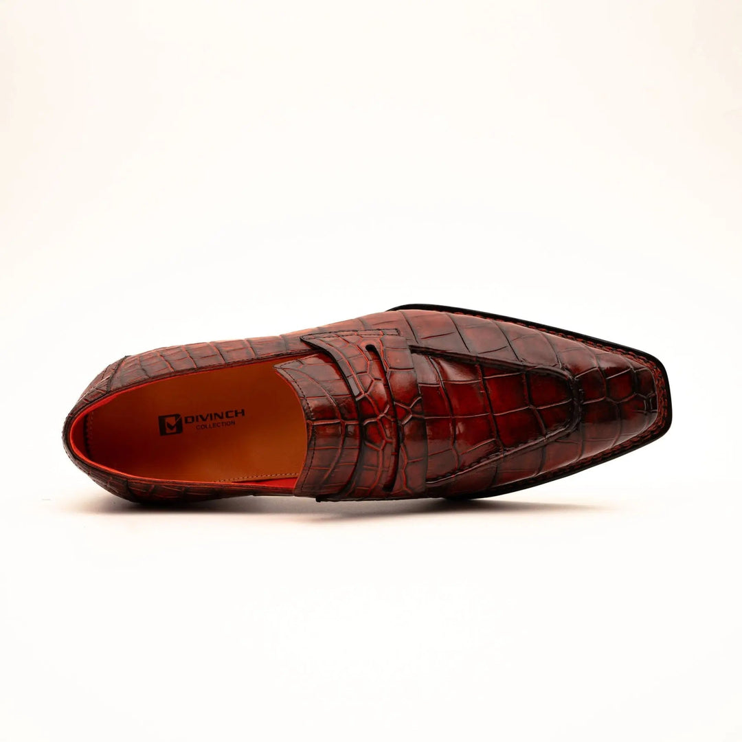 Red Apron-Toe Crocodile Leather Loafers