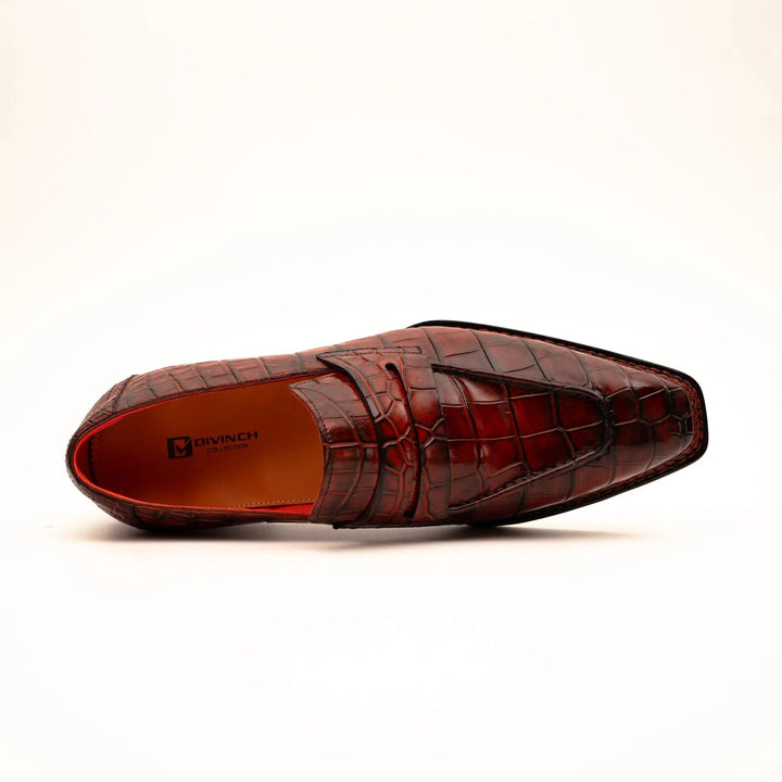 Red Apron-Toe Crocodile Leather Loafers