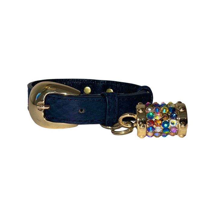 XS/S 7”-14”  Matte Midnight Blue Custom Snake Collar/Custom Gold Oval Italian Hardware &amp; Swarovski Crystal Charm