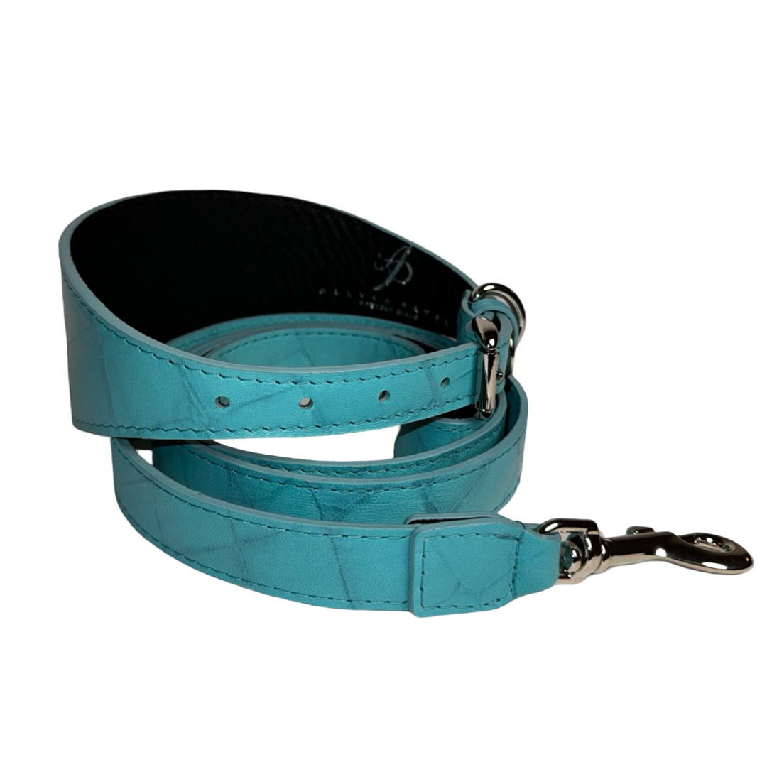 The Tiffany Collection. Gorgeous Turquoise Blue Embossed Croc Italian Leather 3” Wide Style Collar, With Silver Hardware