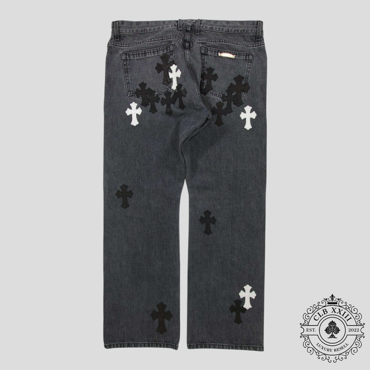 Chrome Heart Fleur Knee Denim in Black/White featuring rare cross detailing for authentic Chrome Hearts luxury denim jeans.