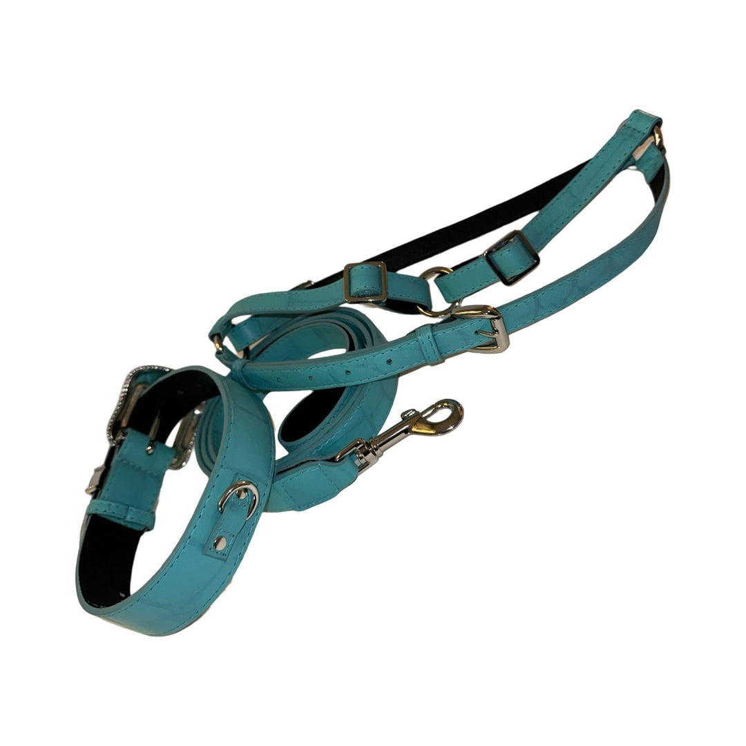 The Tiffany Collection. Gorgeous Turquoise Blue Embossed Croc Italian Leather Collar, Leash &amp; Harness Set, With Our Custom Swarovski Crystal Hardware