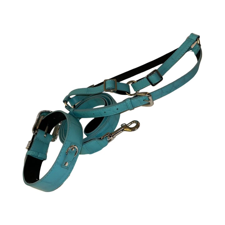 The Tiffany Collection. Gorgeous Turquoise Blue Embossed Croc Italian Leather Collar, Leash &amp; Harness Set, With Our Custom Swarovski Crystal Hardware