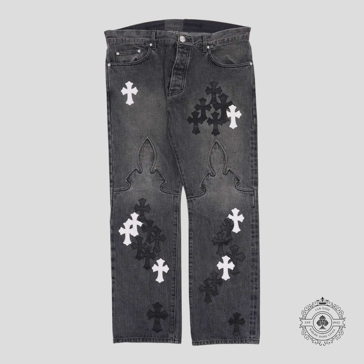 Chrome Hearts Fleur Knee Cross Patch Jeans in Black / White, authentic luxury denim with unique cross patches.