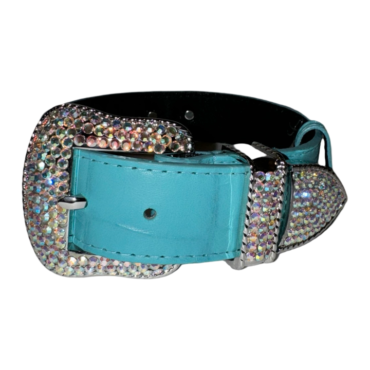 The Tiffany Collection. Gorgeous Turquoise Blue Embossed Croc Italian Leather/Custom Silver Swarovski Crystal Hardware Collar.
