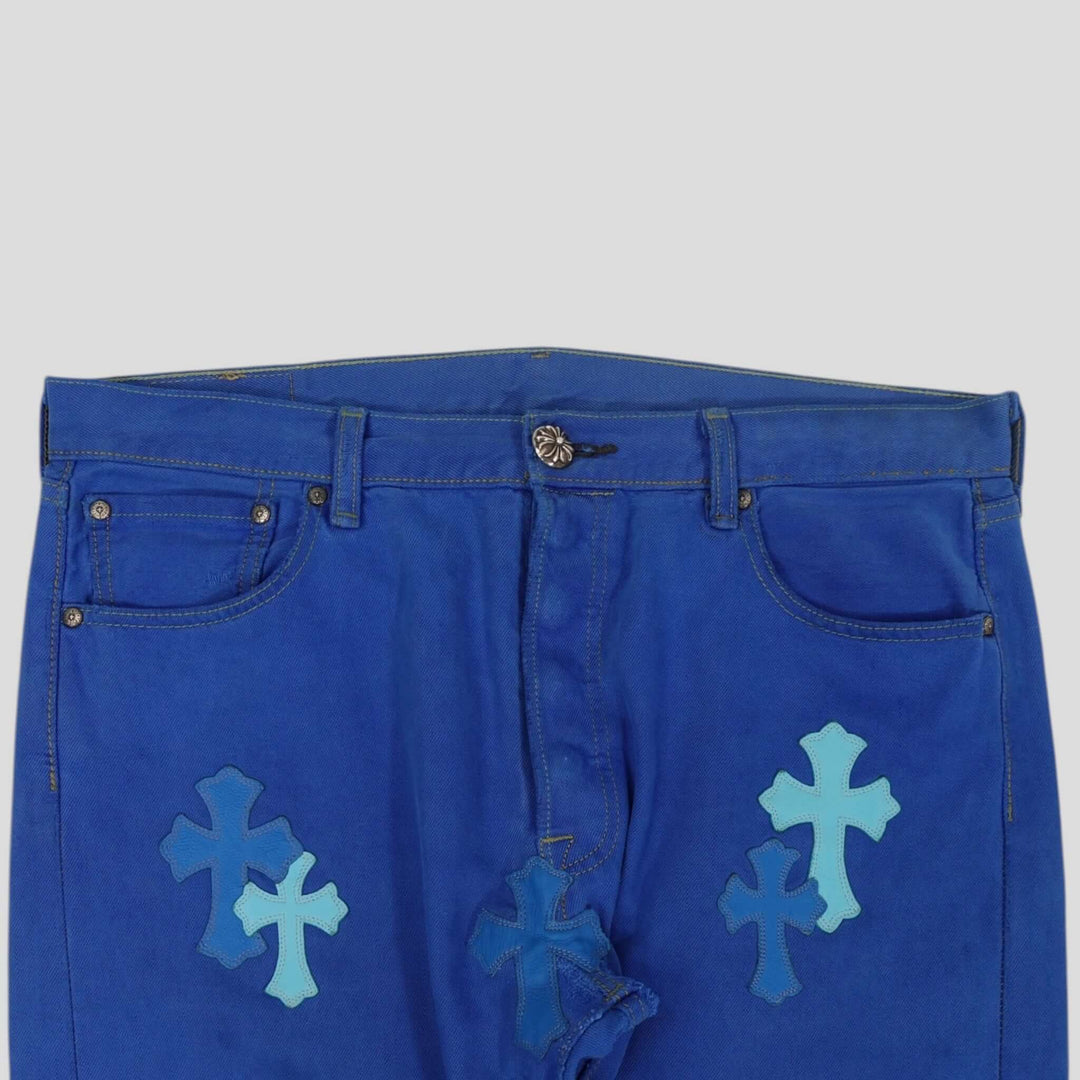 Chrome Hearts Levis Cross Patch Jeans in Blue featuring unique cross designs, a rare luxury denim investment.