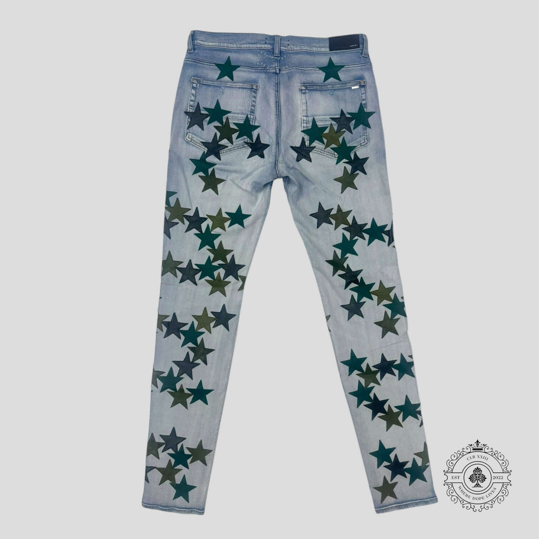 Amiri Chemist Star Patch Jeans in Light Indigo / Green
