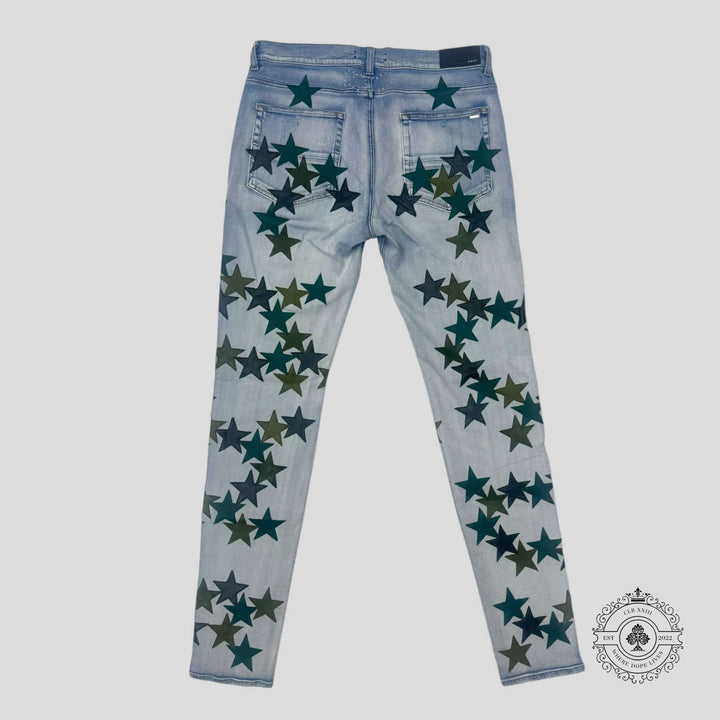 Amiri Chemist Star Patch Jeans in Light Indigo / Green