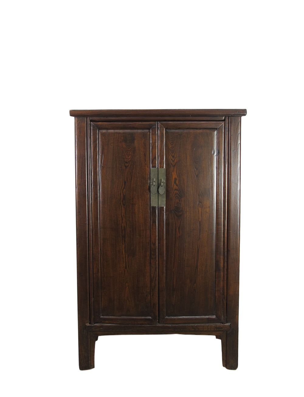 Dark wooden cabinet with two doors on a white background