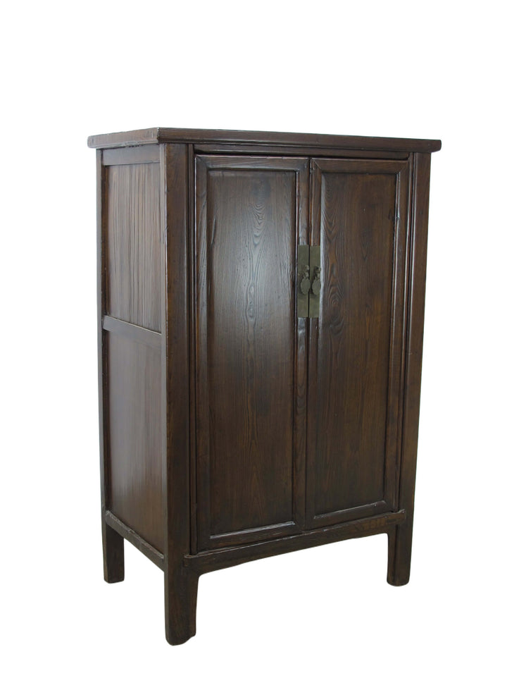 Dark wooden cabinet with two doors on a white background