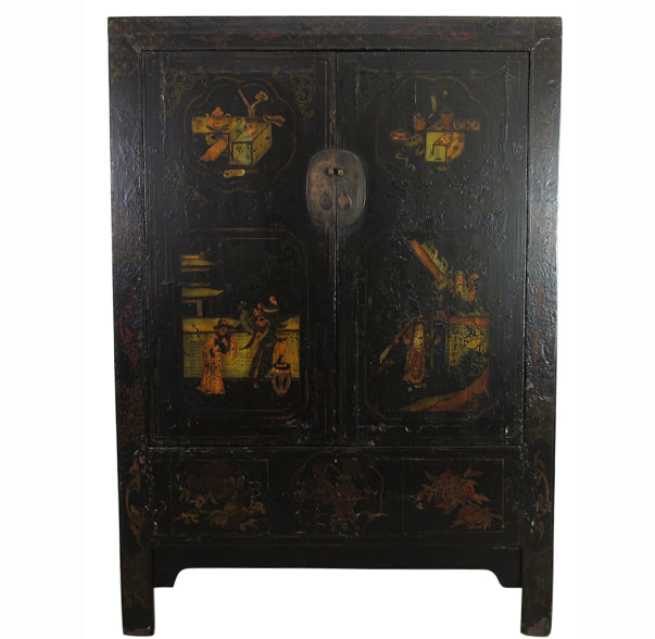 Decorative black cabinet with intricate designs on a white background