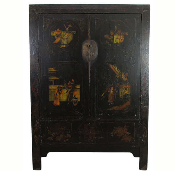 Decorative black cabinet with intricate designs on a white background