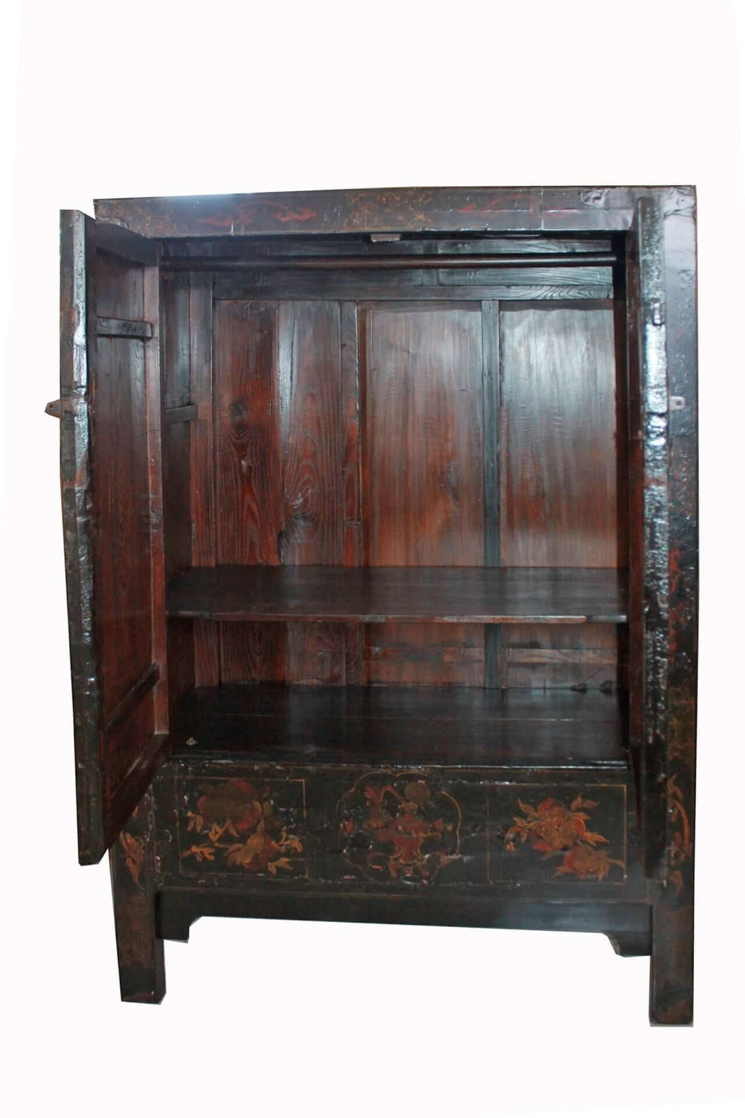 Wooden cabinet with open doors on a white background