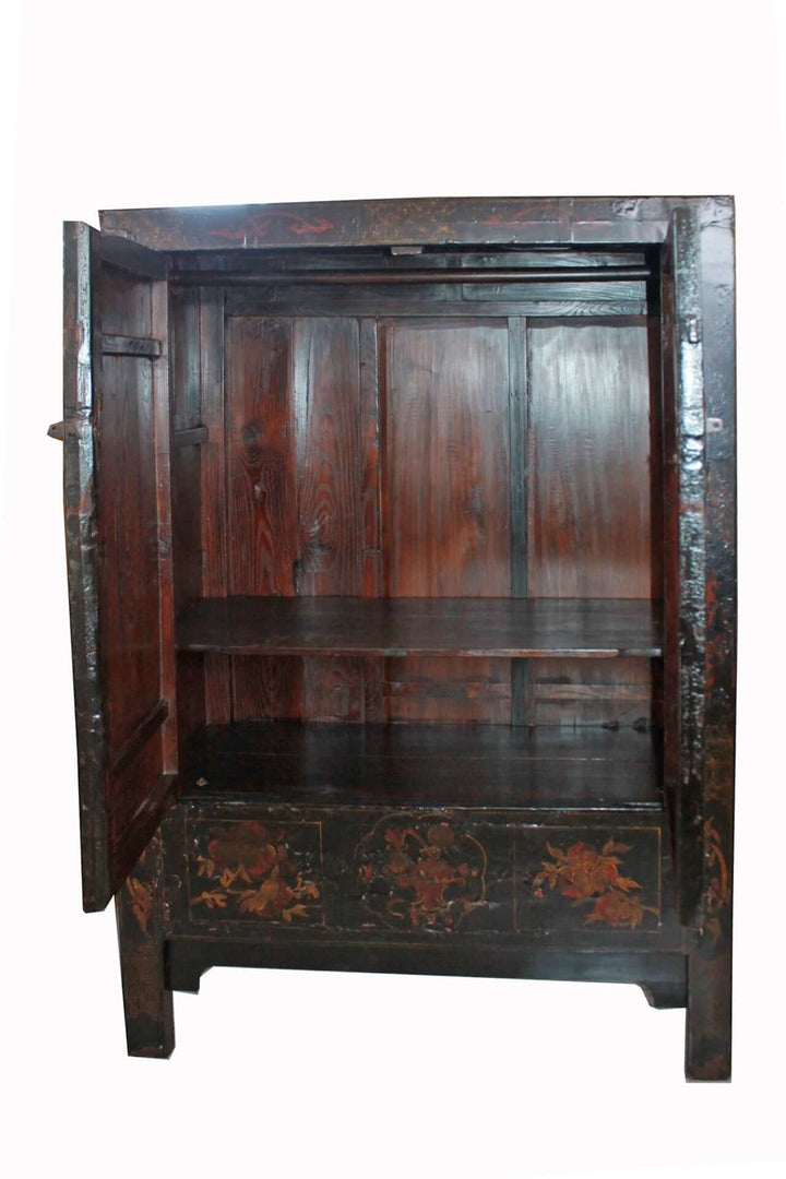 Wooden cabinet with open doors on a white background