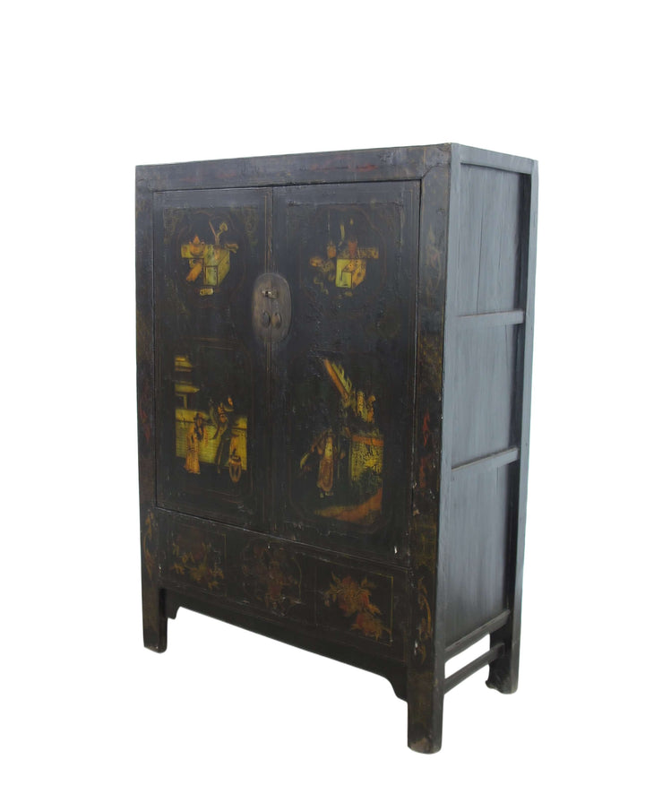Vintage wooden cabinet with black and gold paint on a white background