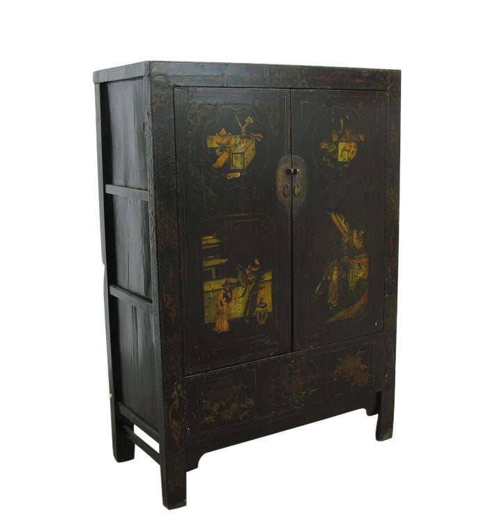 Vintage black cabinet with yellow floral patterns on a white background