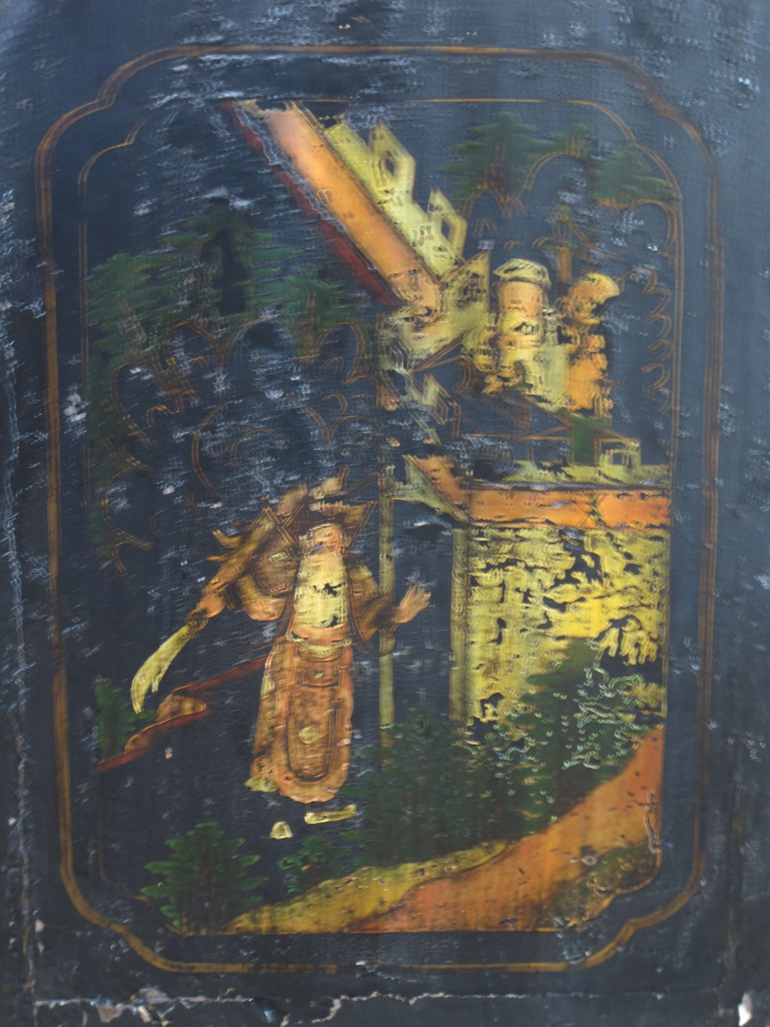 Decorative painting of a castle and figure on a dark background