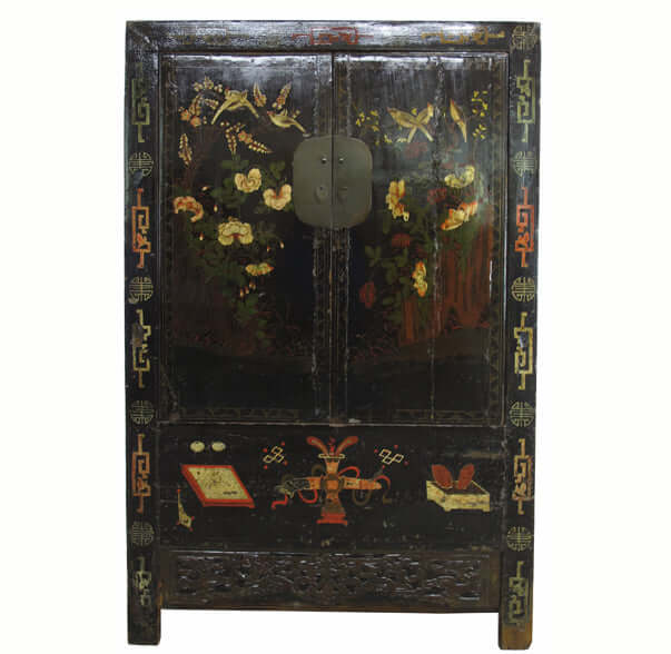 Decorative wooden cabinet with floral and butterfly patterns on a white background