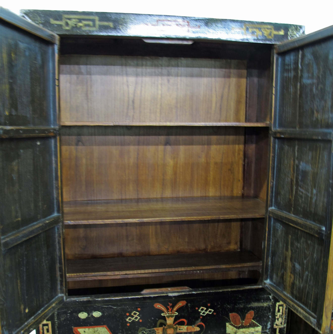 Wooden cabinet with open doors showing wooden shelves inside
