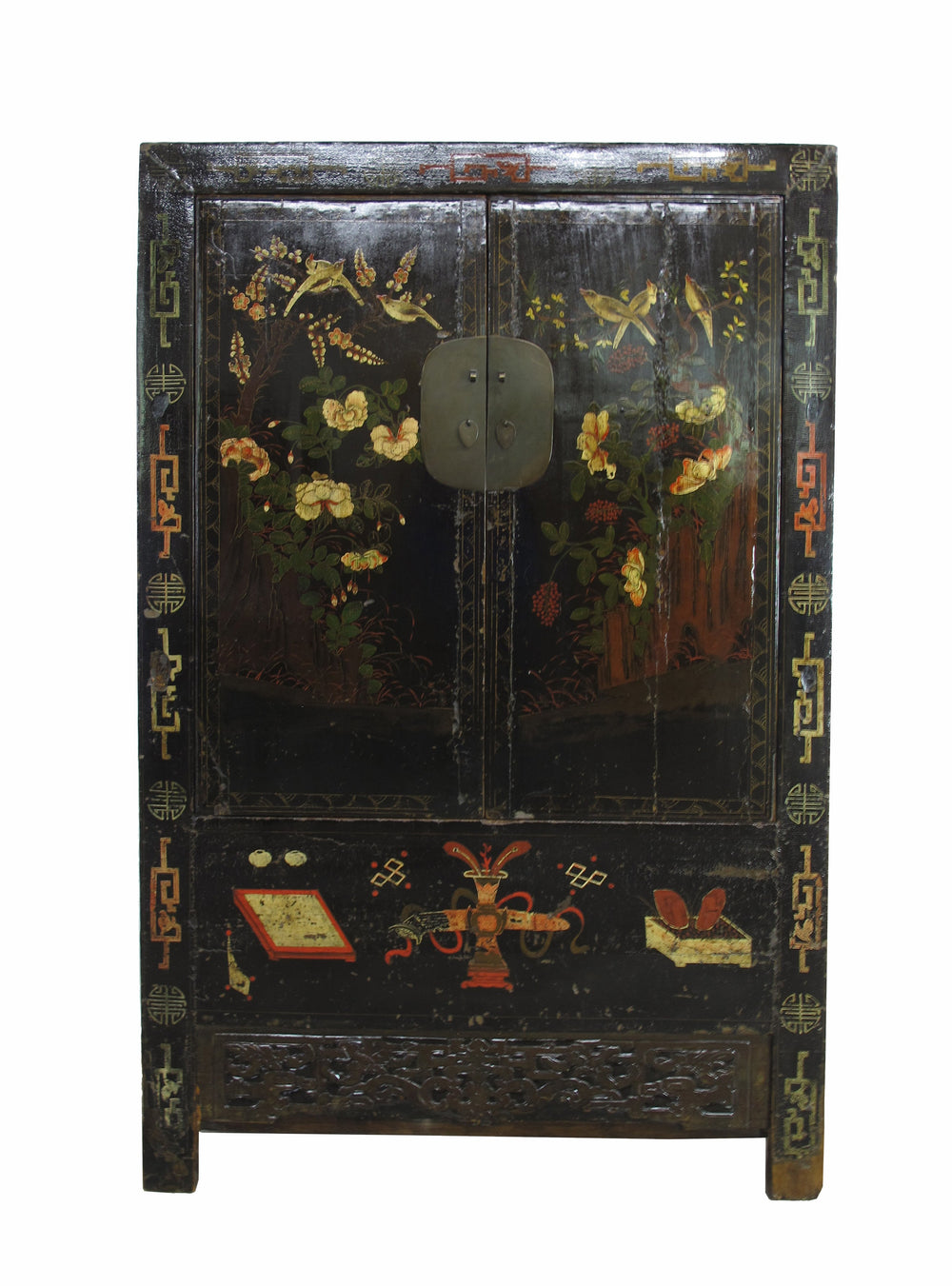 Decorative wooden cabinet with floral and butterfly patterns on a white background