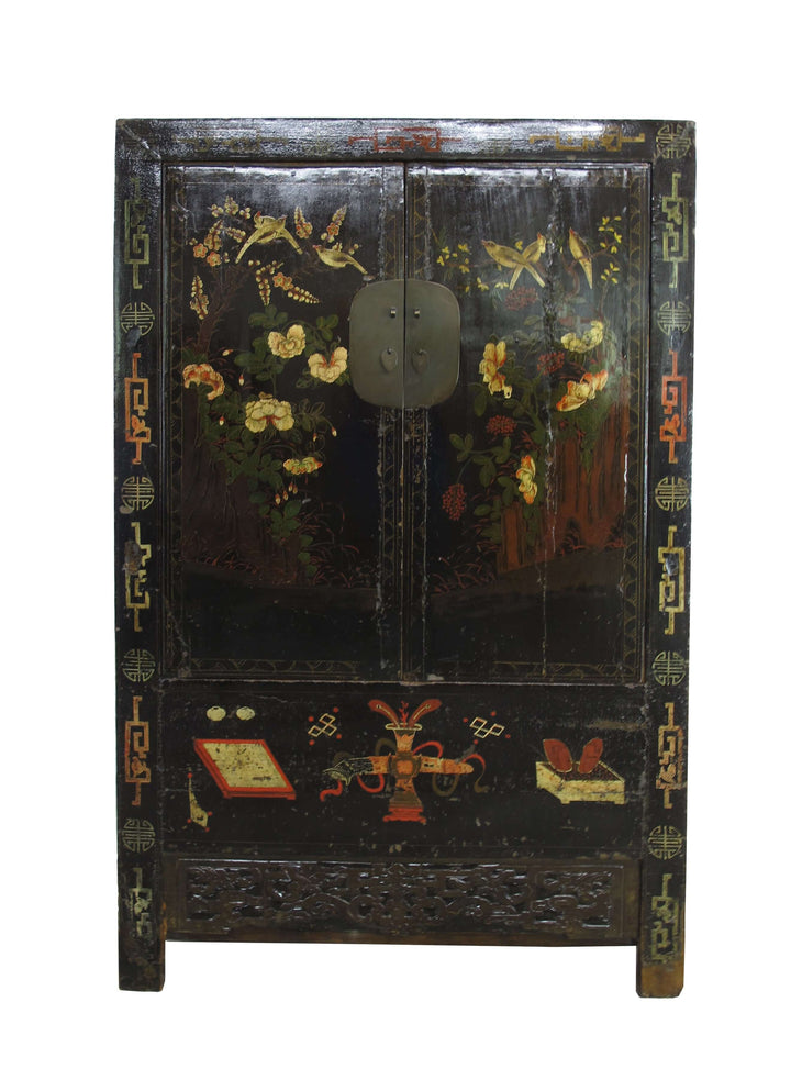 Decorative wooden cabinet with floral and butterfly patterns on a white background