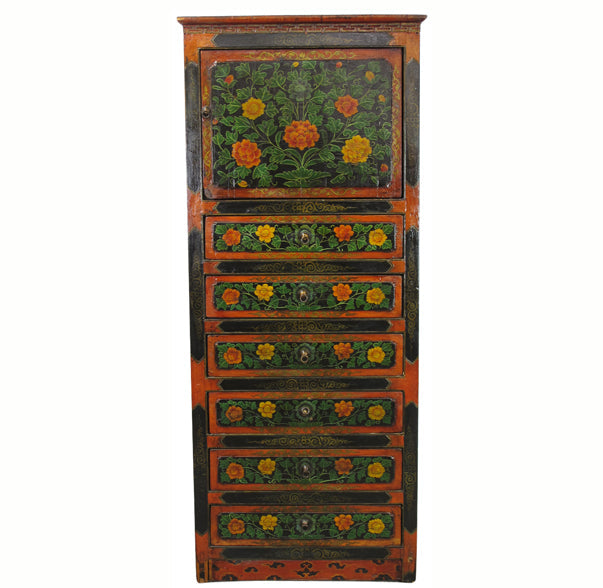 Decorative wooden cabinet with floral patterns on a white background