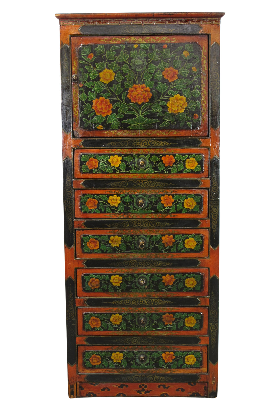 Vintage wooden cabinet with floral patterns on a white background