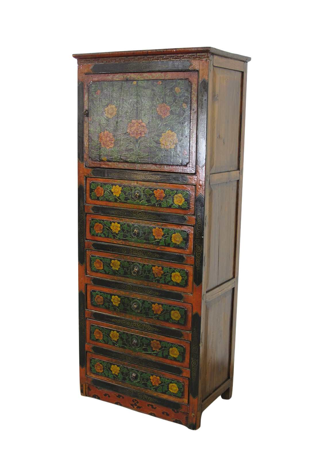 Wooden cabinet with floral patterns on a white background