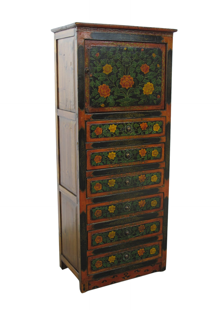 Wooden cabinet with floral patterns on a white background
