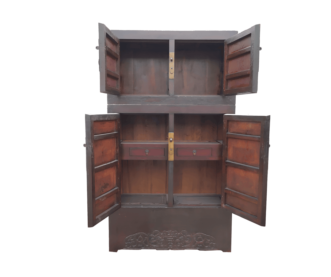Wooden cabinet with open doors on a white background