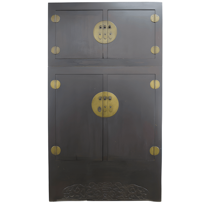 Dark wooden cabinet with gold circular handles on a white background