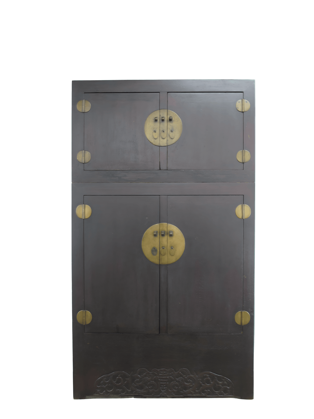 Dark wooden cabinet with brass circular handles on a white background