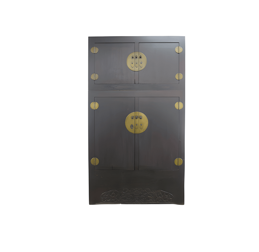 Dark wooden cabinet with gold circular handles on a white background