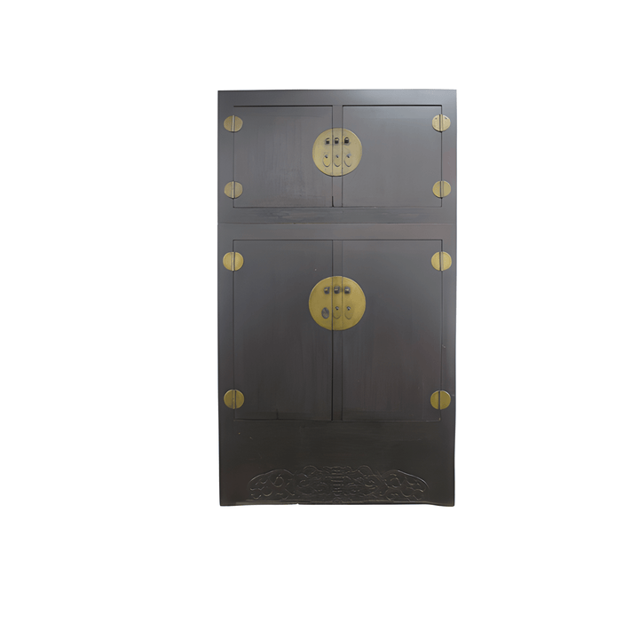 Dark wooden cabinet with gold circular handles on a white background