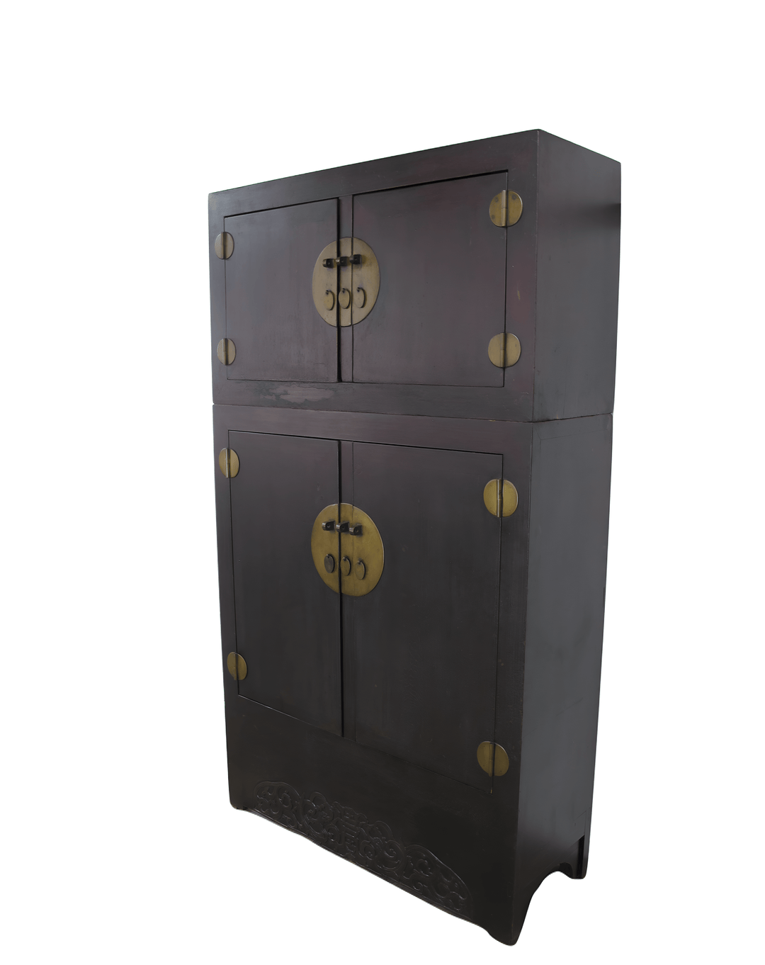 Dark wooden cabinet with gold circular designs on a white background
