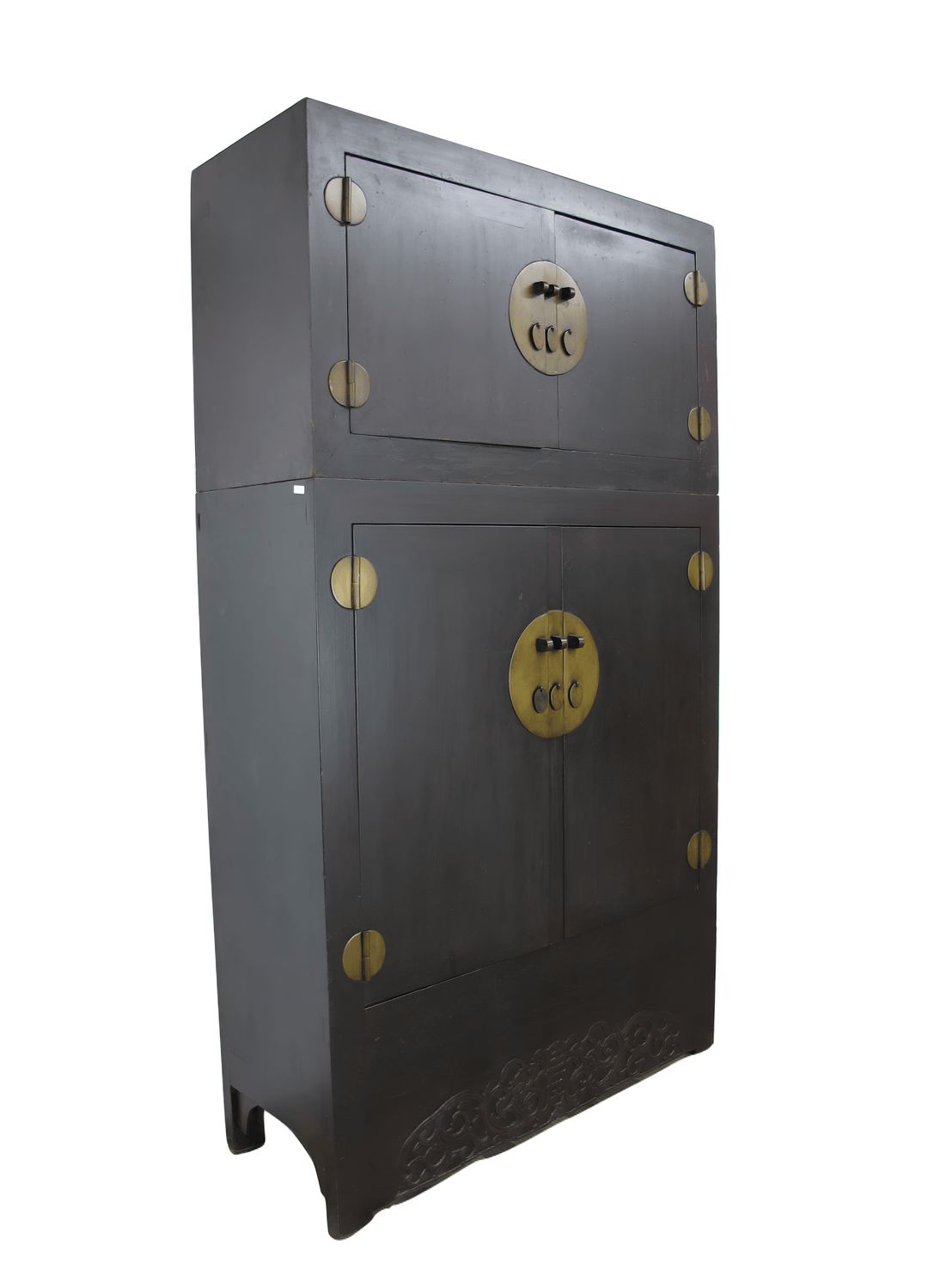 Black metal cabinet with gold circular accents on a white background