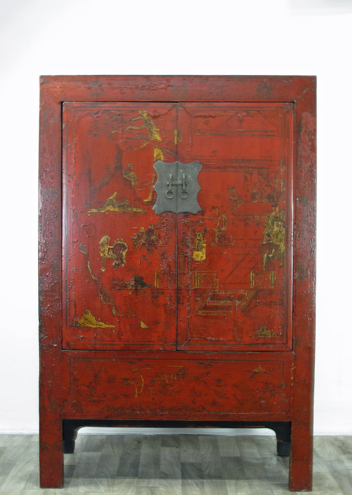 Red Antique Chinese Chinoiserie Style Cabinet
