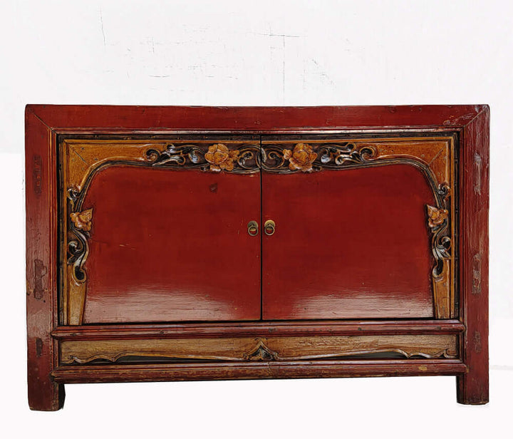 Antique Red Cabinet Table with Carved Border Doors