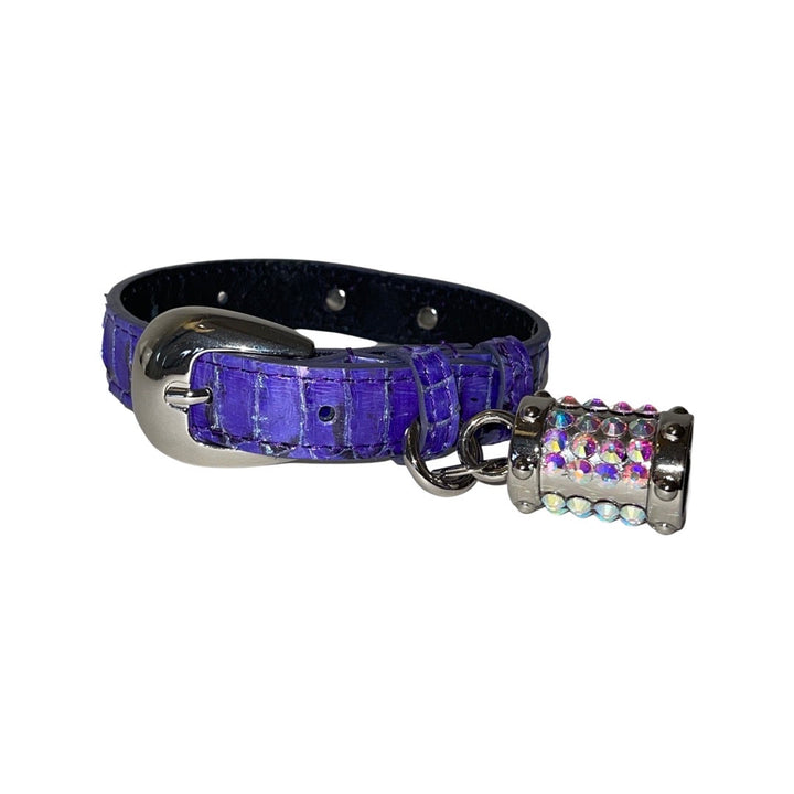 XS/S 7”-14”  Iridescent Purple/Silver Custom Snake Collar/Custom Silver Oval Italian Hardware &amp; Swarovski Crystal Charm