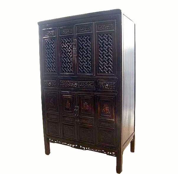 Dark Reddish Brown Lattice and Carved Cabinet