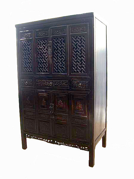 Dark Reddish Brown Lattice and Carved Cabinet