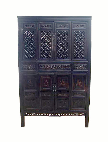 Dark Reddish Brown Lattice and Carved Cabinet